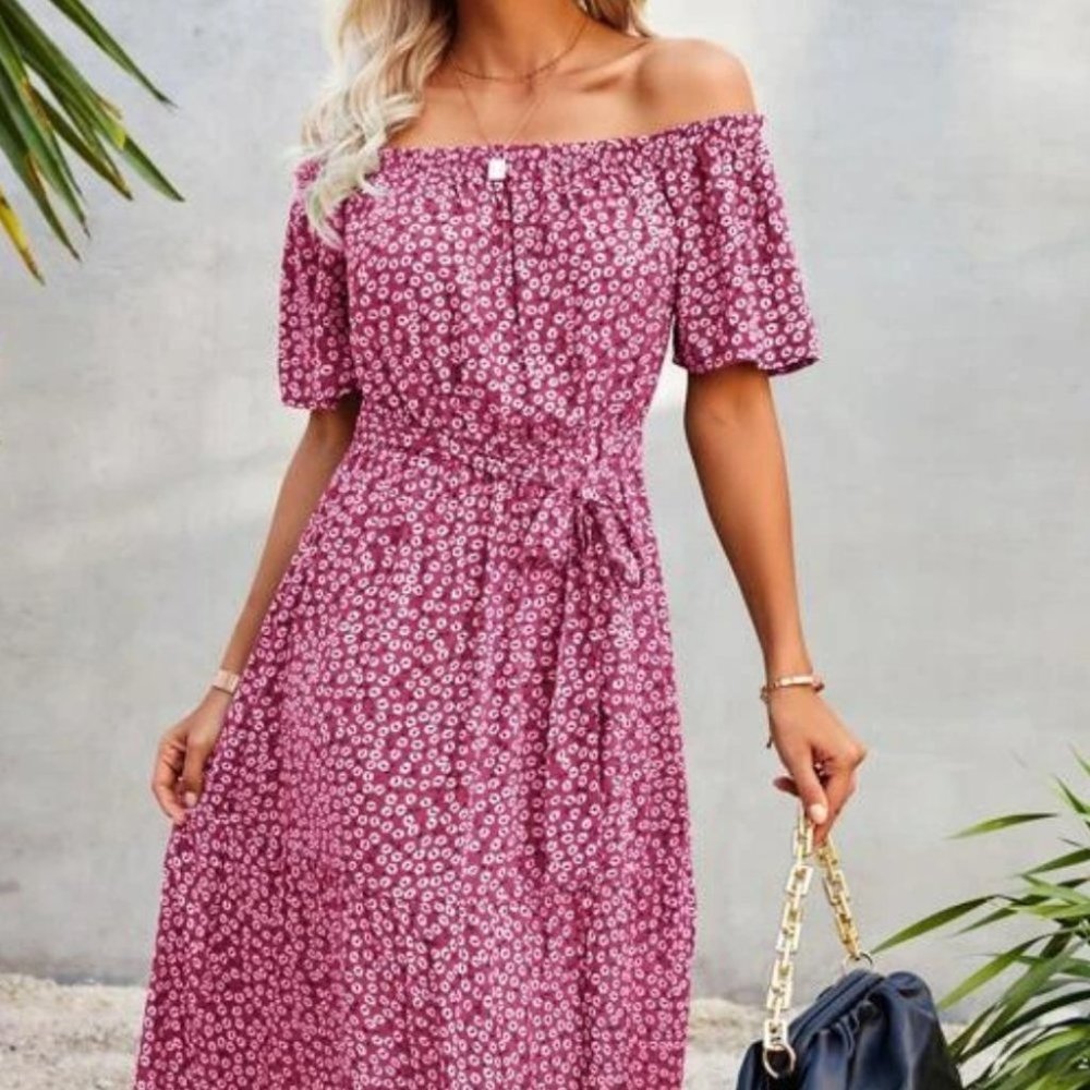 PINK off shoulder ruffle Floral maxi dress - Picture 4 of 6